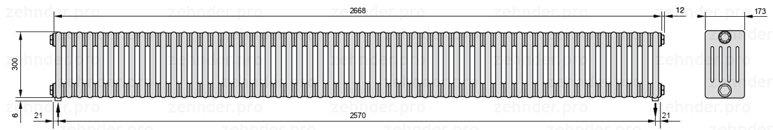 Схема (чертеж) Радиатор Zehnder Charleston 5030/58 №5310 Белый глянцевый RAL 9016